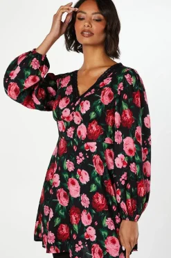 Floral Long Sleeve Lace Trim Button Front Mini Dress