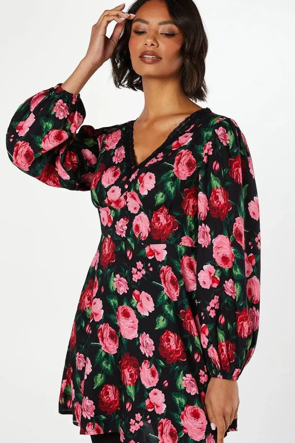 Floral Long Sleeve Lace Trim Button Front Mini Dress