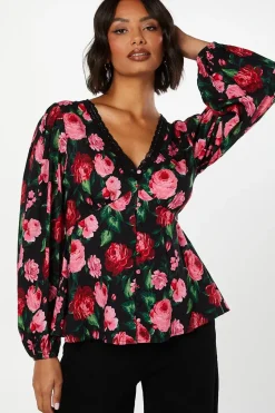 Floral Long Sleeve Lace Trim Button Front Tea Blouse