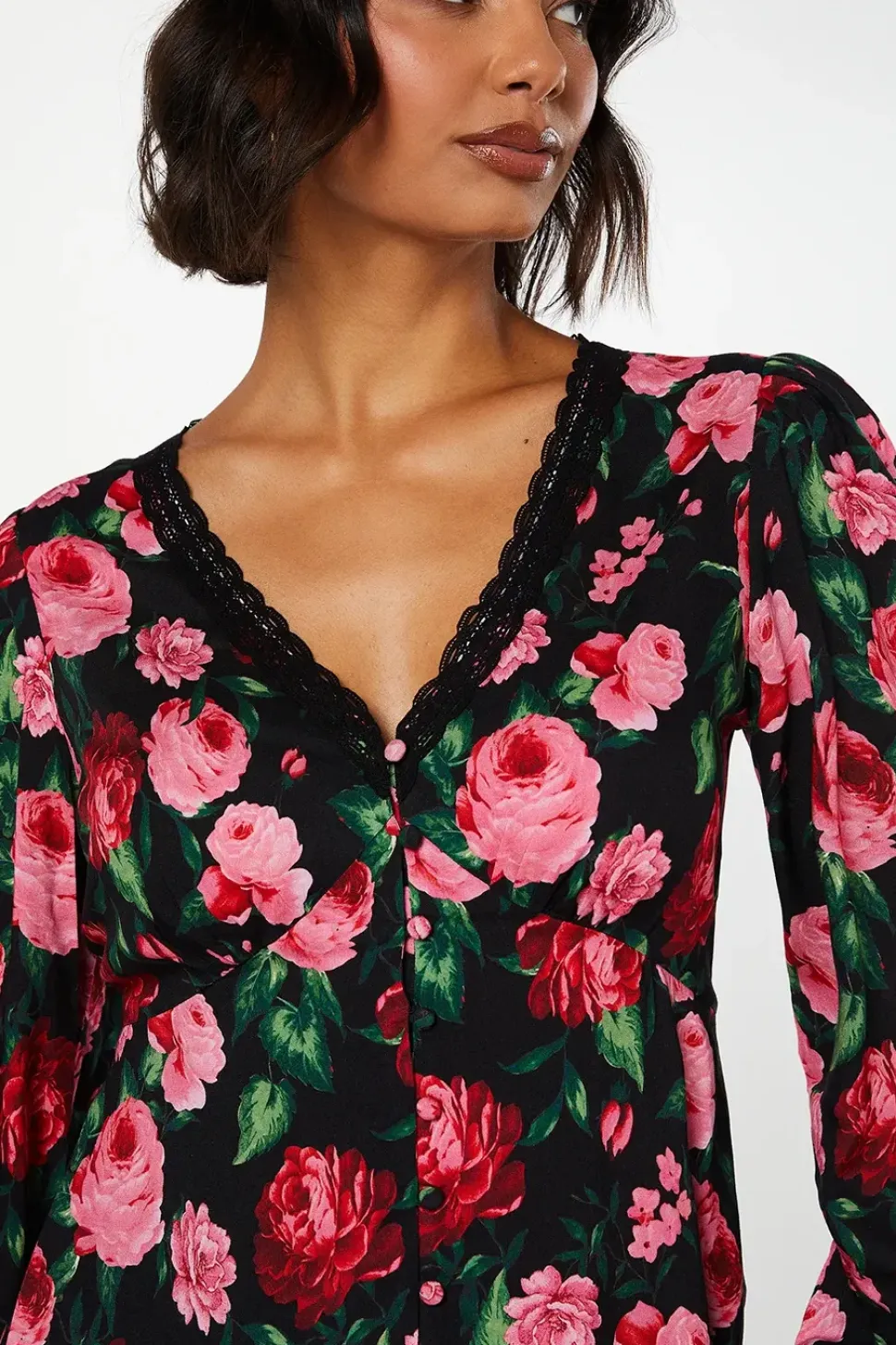 Floral Long Sleeve Lace Trim Button Front Tea Blouse