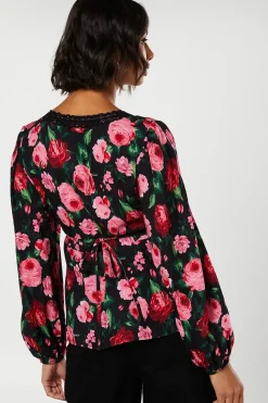 Floral Long Sleeve Lace Trim Button Front Tea Blouse
