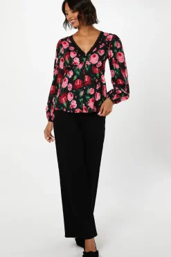 Floral Long Sleeve Lace Trim Button Front Tea Blouse
