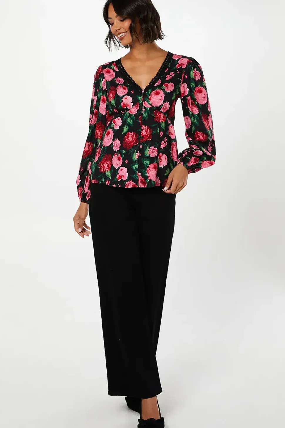 Floral Long Sleeve Lace Trim Button Front Tea Blouse