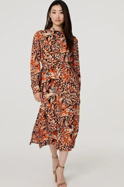 Floral Long Sleeve Midi Shirt Dress