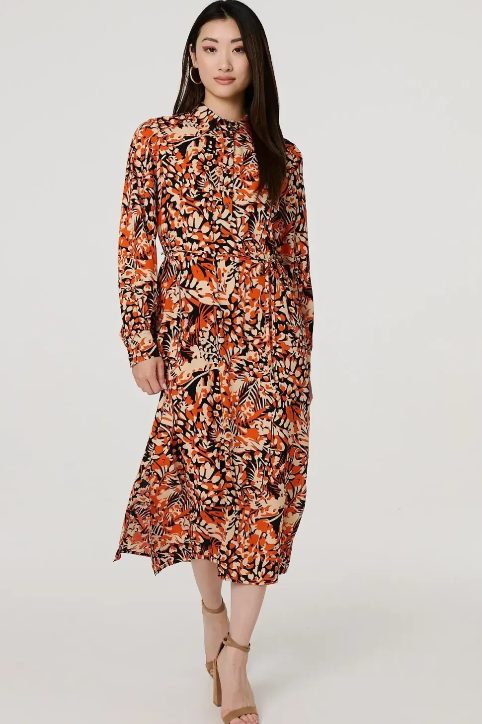 Floral Long Sleeve Midi Shirt Dress