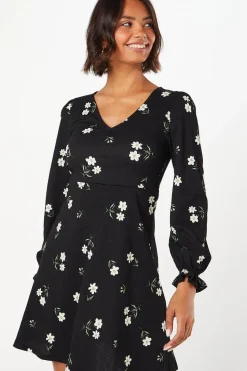 Floral Long Sleeve V Neck Mini Dress