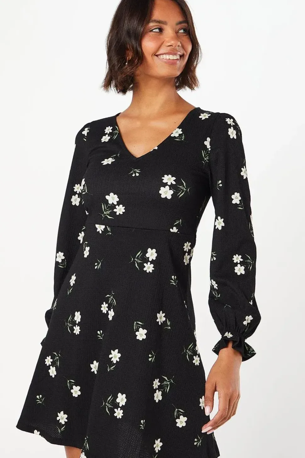 Floral Long Sleeve V Neck Mini Dress