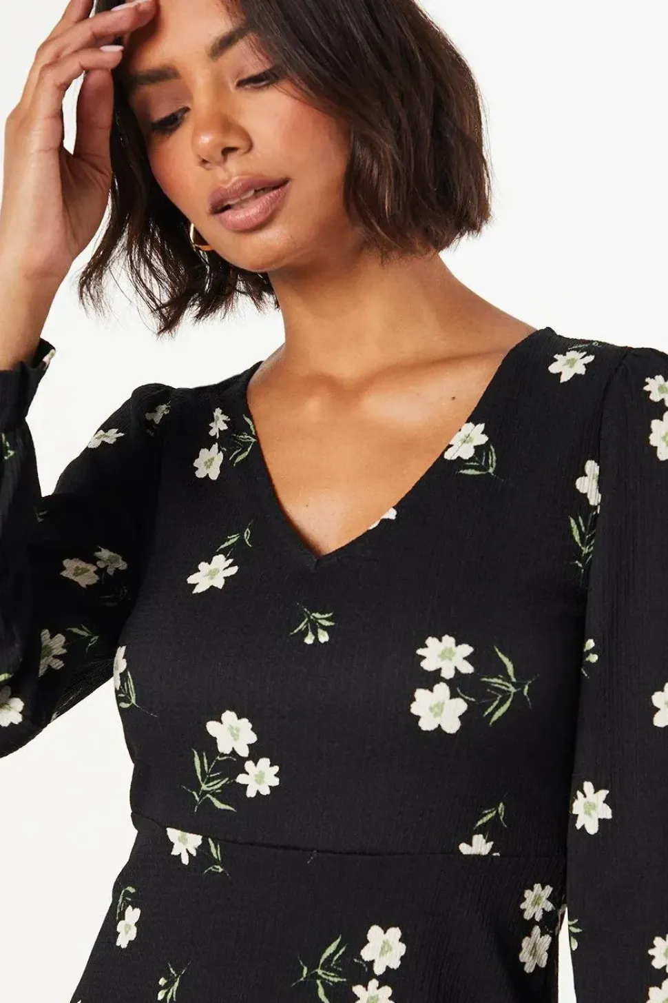 Floral Long Sleeve V Neck Mini Dress