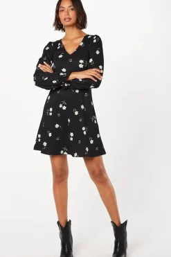 Floral Long Sleeve V Neck Mini Dress