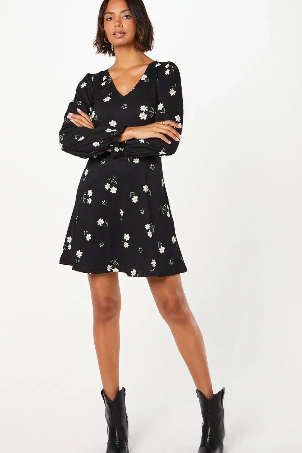 Floral Long Sleeve V Neck Mini Dress