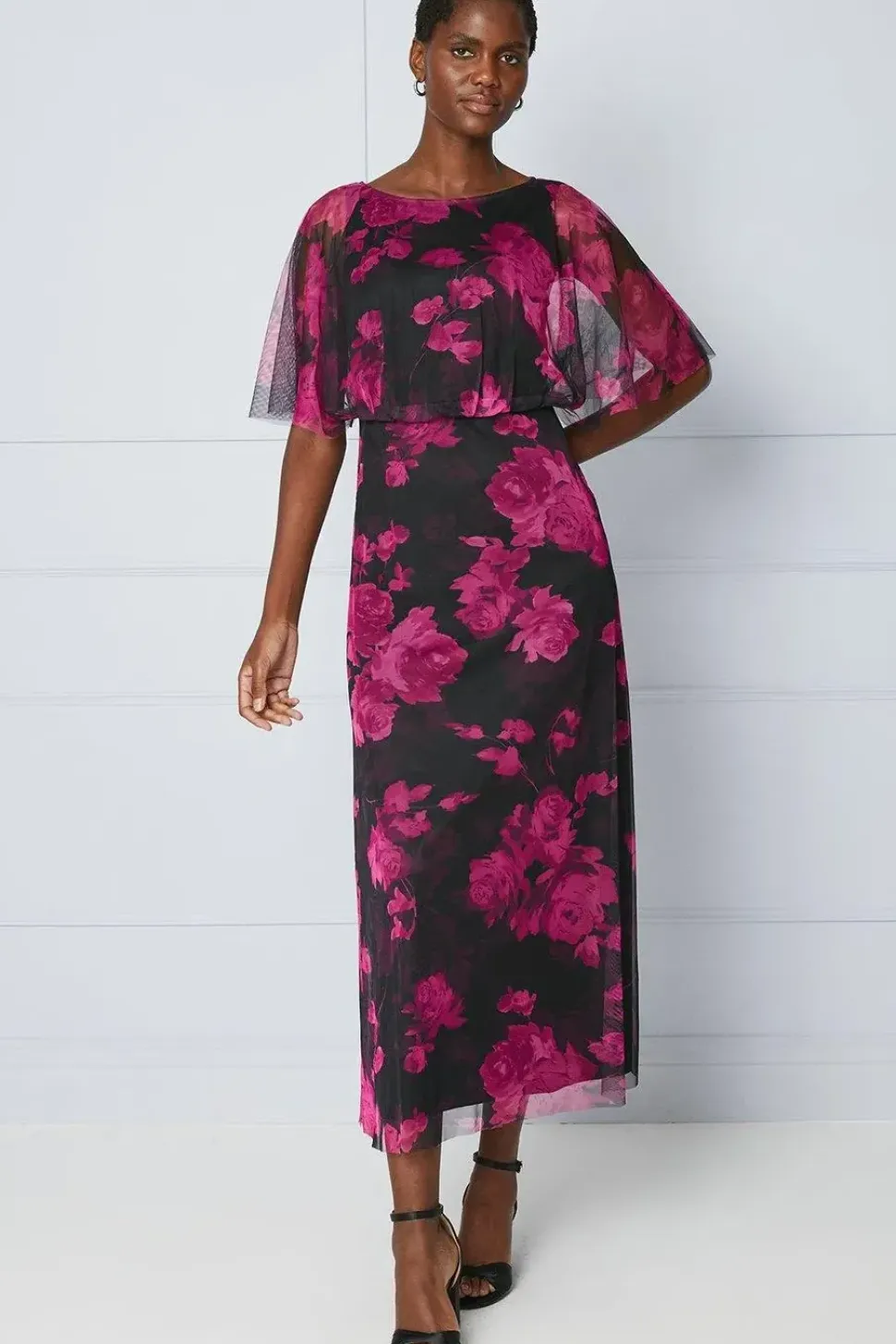 Floral Mesh Blouson Midaxi Dress