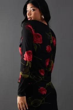 Floral Mesh Gathered Drawstring Fitted Top