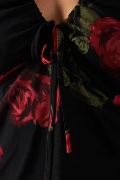 Floral Mesh Gathered Drawstring Fitted Top