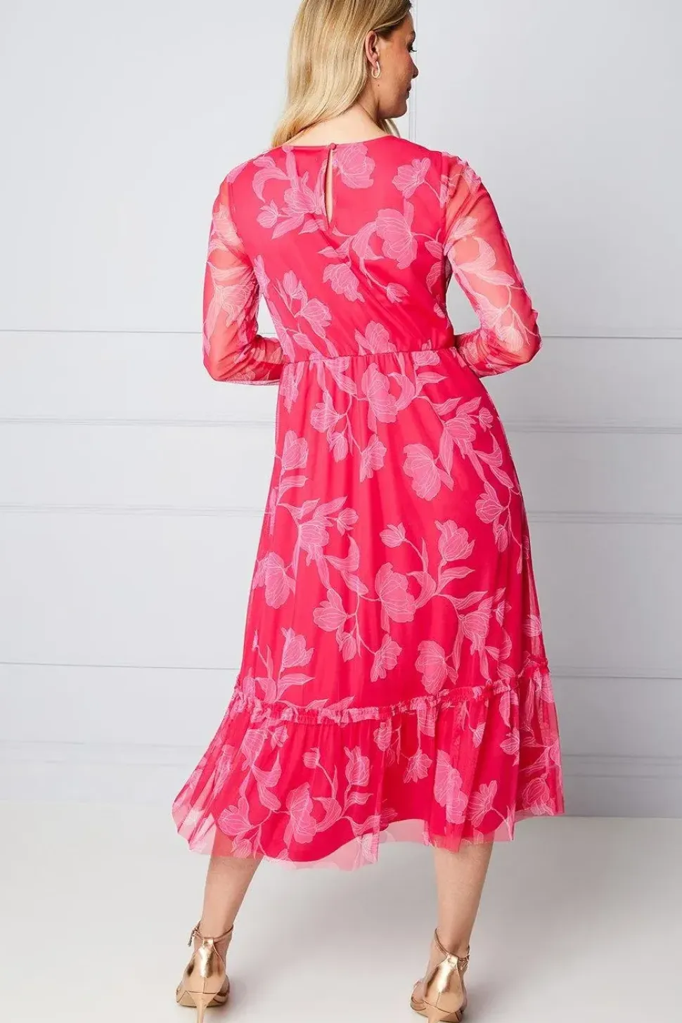 Floral Mesh Ruffle Midi Dress