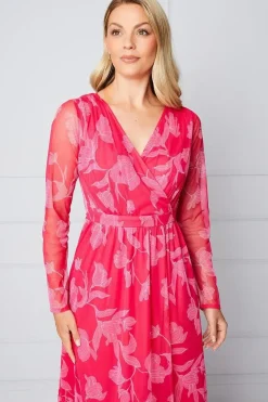 Floral Mesh Ruffle Midi Dress