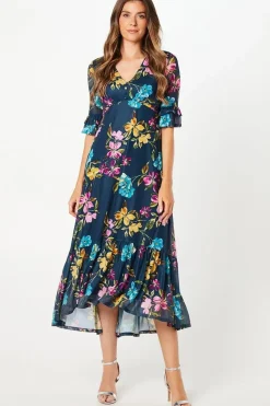 Floral Mesh Ruffle Sleeve Midaxi Dress