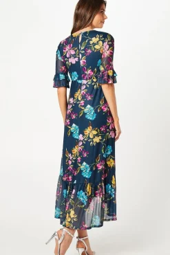 Floral Mesh Ruffle Sleeve Midaxi Dress