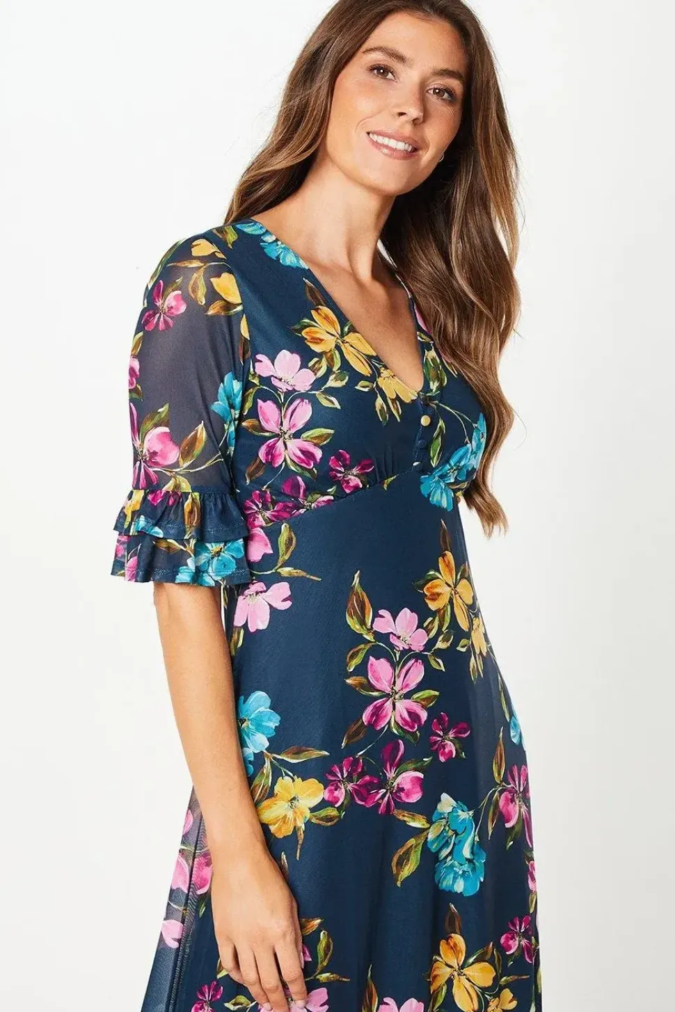 Floral Mesh Ruffle Sleeve Midaxi Dress