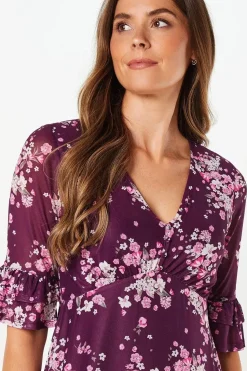 Floral Mesh Ruffle Sleeve Midaxi Dress