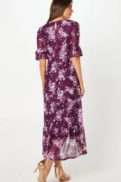Floral Mesh Ruffle Sleeve Midaxi Dress