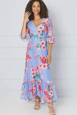 Floral Mesh Ruffle Sleeve Midaxi Dress
