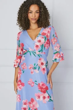 Floral Mesh Ruffle Sleeve Midaxi Dress