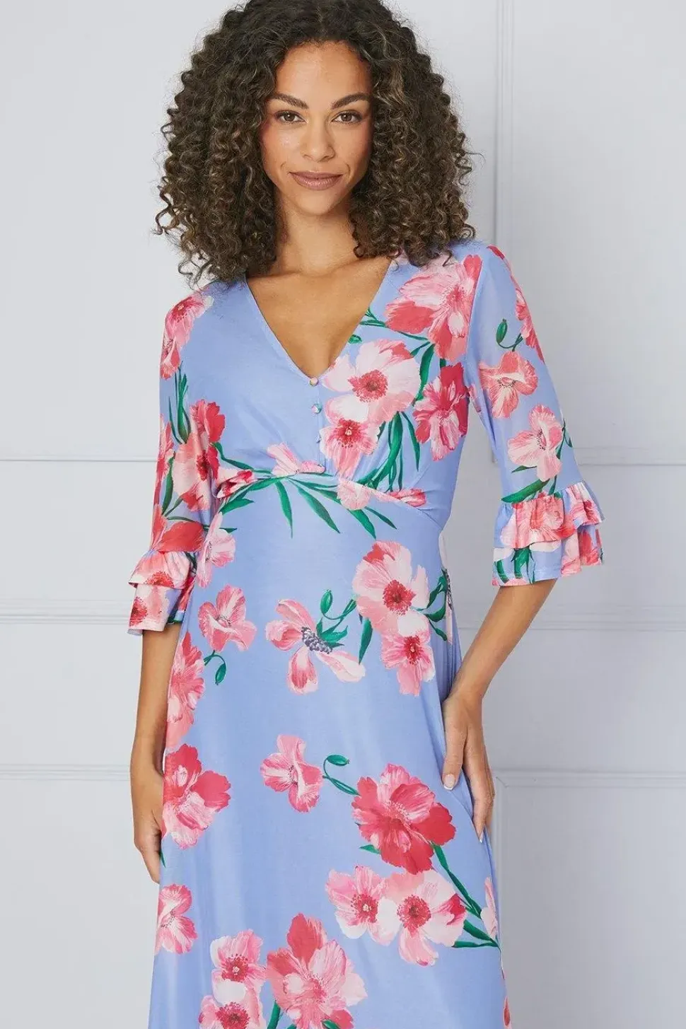 Floral Mesh Ruffle Sleeve Midaxi Dress