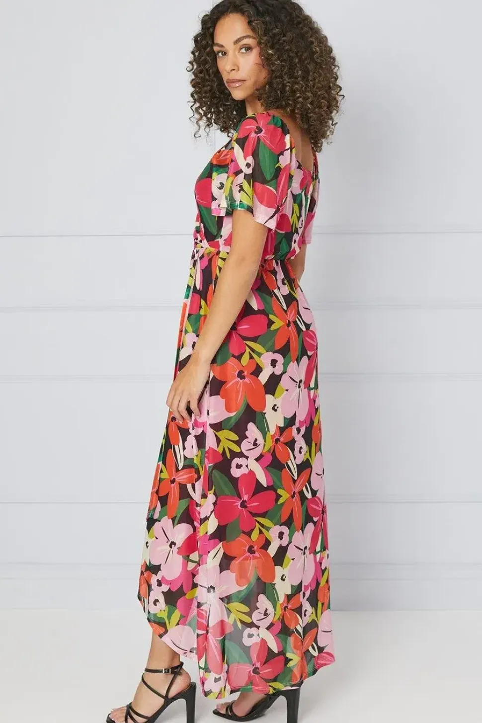 Floral Mesh Wrap Maxi Dress