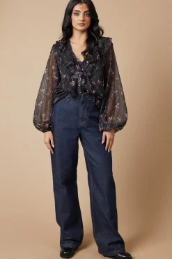 Floral Metallic Chiffon Ruffle Blouse
