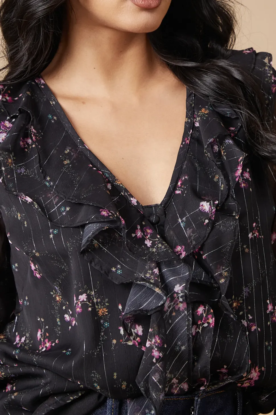 Floral Metallic Chiffon Ruffle Blouse