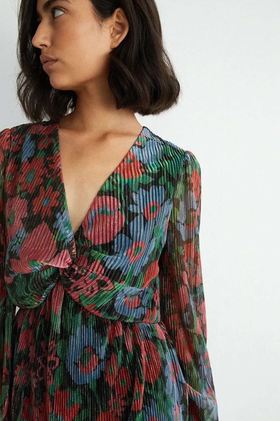 Floral Metallic Plisse Tiered Twist Midi Dress