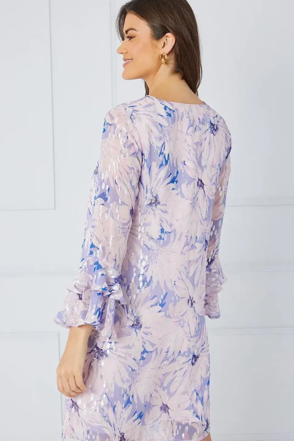 Floral Metallic Ruffle Sleeve Shift Dress