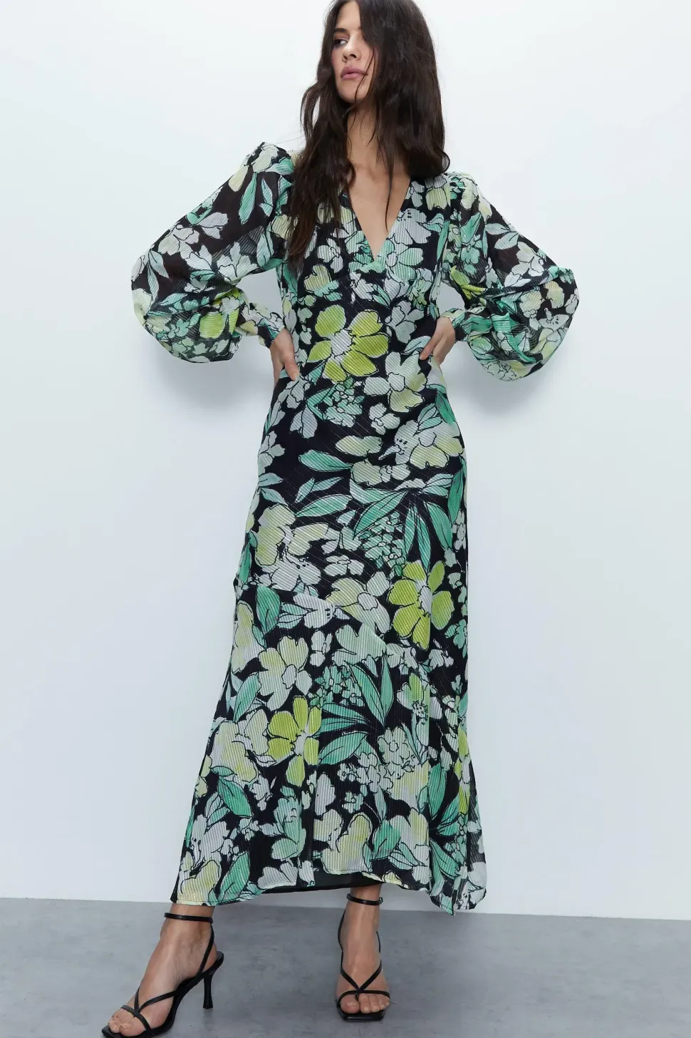 Floral Metallic Stripe Printed Midi Dress