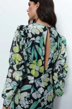 Floral Metallic Stripe Printed Midi Dress