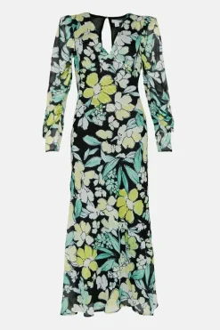 Floral Metallic Stripe Printed Midi Dress