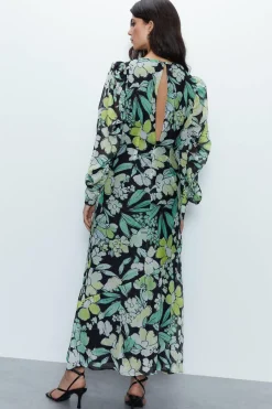 Floral Metallic Stripe Printed Midi Dress