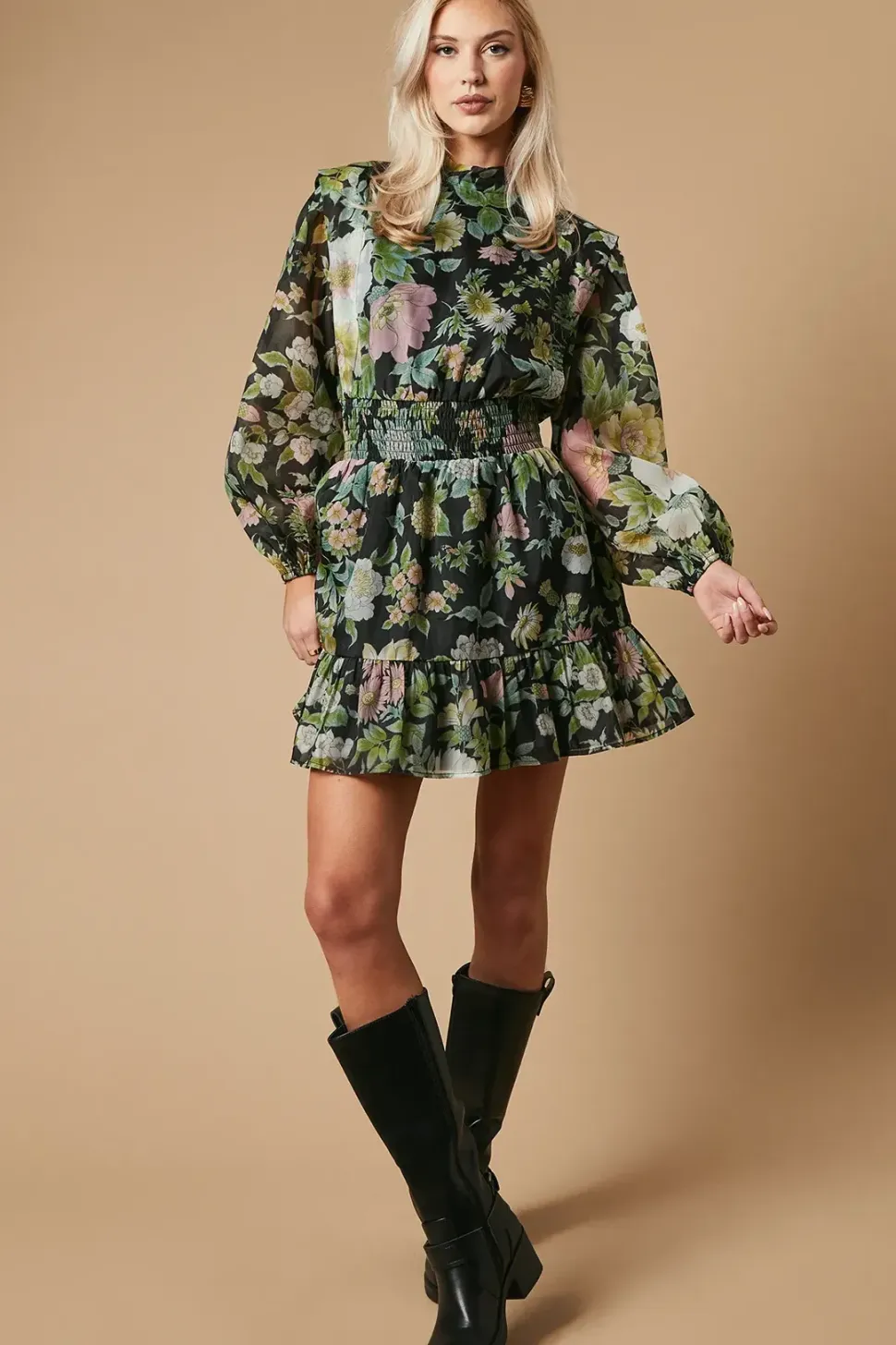 Floral Organza Shirred Waist Tie Back Mini Dress