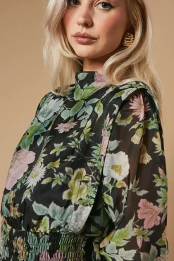 Floral Organza Shirred Waist Tie Back Mini Dress