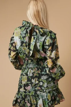 Floral Organza Shirred Waist Tie Back Mini Dress
