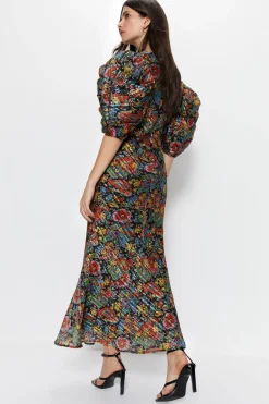Floral Paisley Print Puff Sleeve V Neck Dress