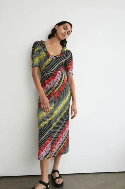 Floral Placement Frill Neck Midi Dress