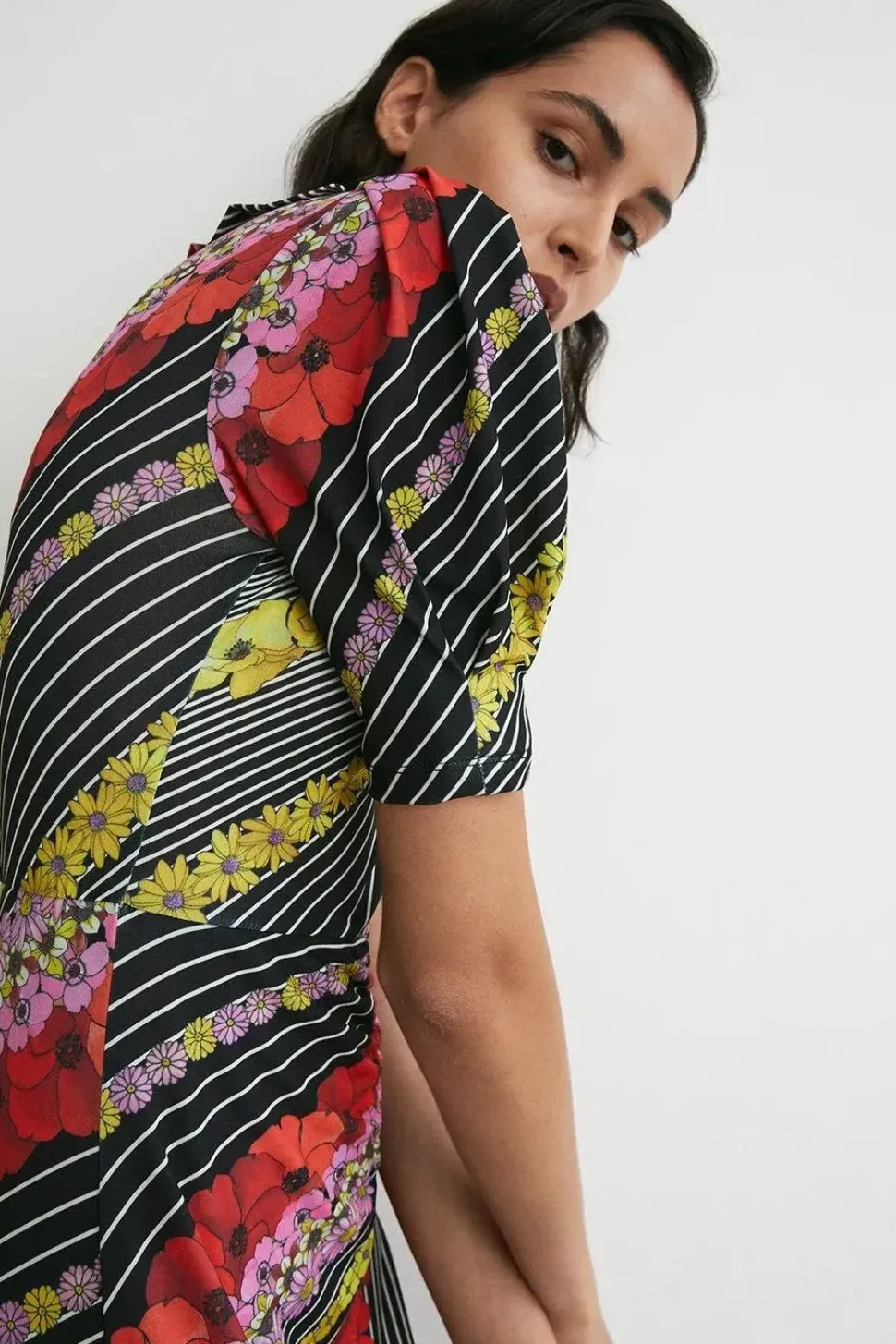 Floral Placement Frill Neck Midi Dress
