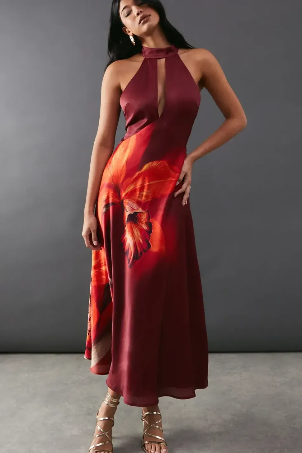 Floral Placement Print Open Back Midi Dress