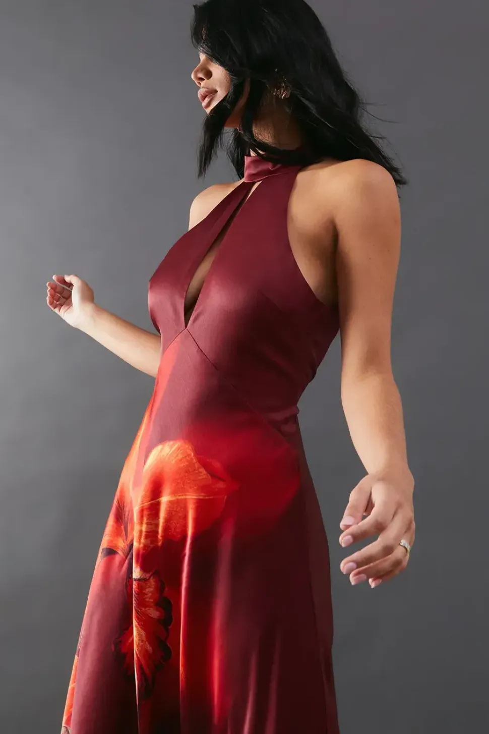 Floral Placement Print Open Back Midi Dress
