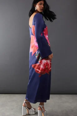 Floral Placement Print Satin Midi Dress