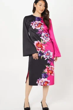Floral Placement Print Satin Midi Wedding Guest Dress