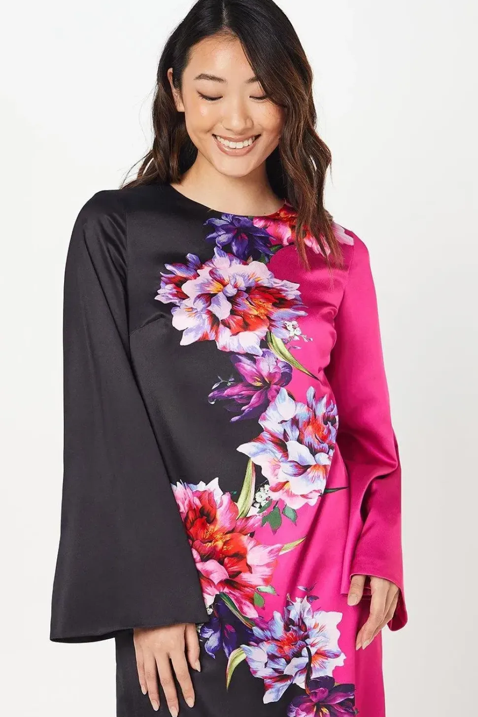 Floral Placement Print Satin Midi Wedding Guest Dress
