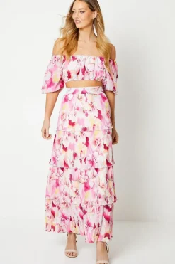Floral Pleated Tiered Maxi Skirt