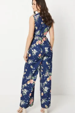 Floral Poly Moss Crepe Ruched Front Wide Leg Jumpsuit