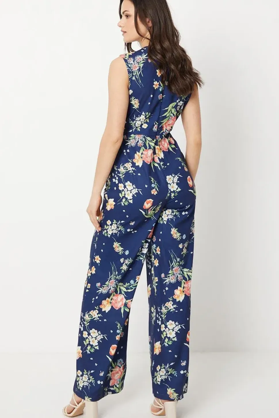 Floral Poly Moss Crepe Ruched Front Wide Leg Jumpsuit